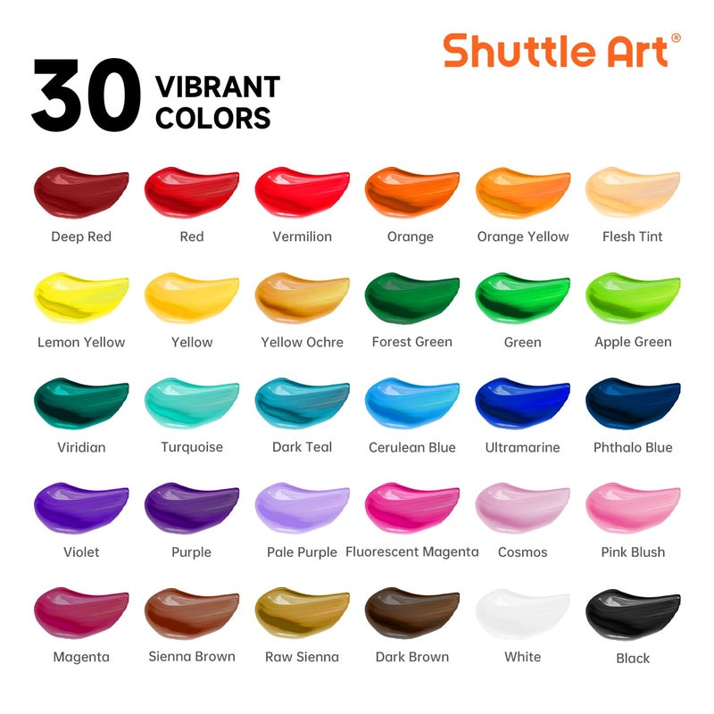 Shuttle Art مجموعة ألوان أكريليك شاتل آرت 30 لون، أنابيب 36 مل مع 3 فرش، طلاء أكريليك بدرجة فنية، للأطفال والبالغين والمبتدئين، للرسم على الحرف، القماش، الخشب، والصخور - Image 2